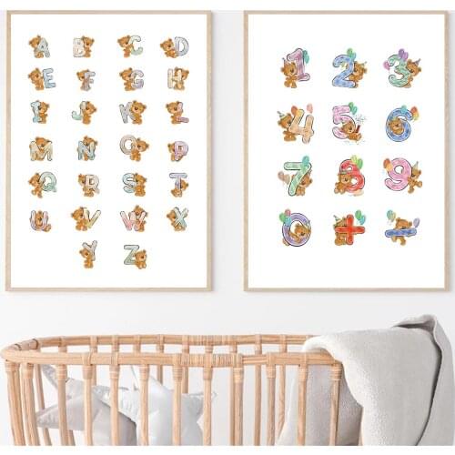 Abstract ABC Alphabet Bear Wall Art Poster Arabic Numerals Animal Canvas Painting Nordic Art Print Nursery Baby Kids Room Decor