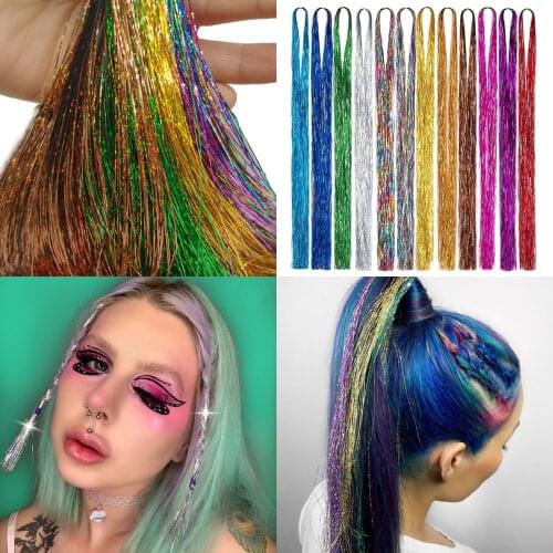 Sparkle Shiny Hair Tinsel Rainbow Glitter Hair Extensions Dazzles Women Hippie for Braiding Headdress Gold Silver Pink strands