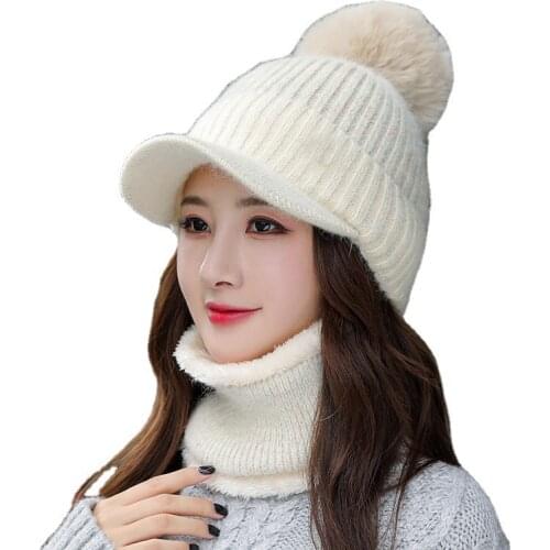 Brand Winter knitted Beanies Hats Women Thick Warm Ear protection Hat Female Pearl wild knit Bonnet Beanie Cap Riding scarf Sets