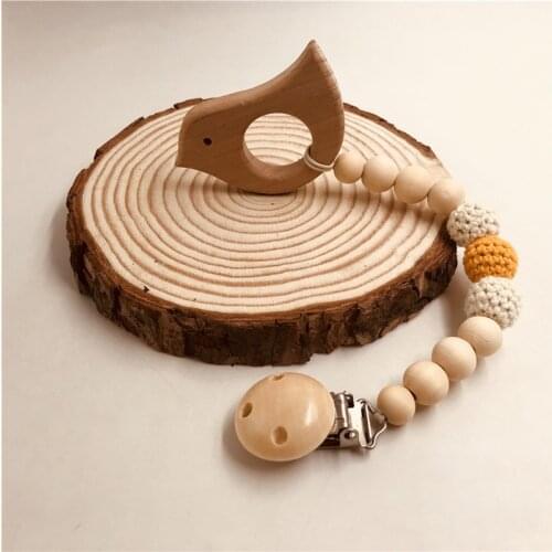 Baby Teething Toy Wooden Teether Animal Pacifier Clip Eco-friendly Teething Crochet Beads Chewable Infant Holder Wooden Teether
