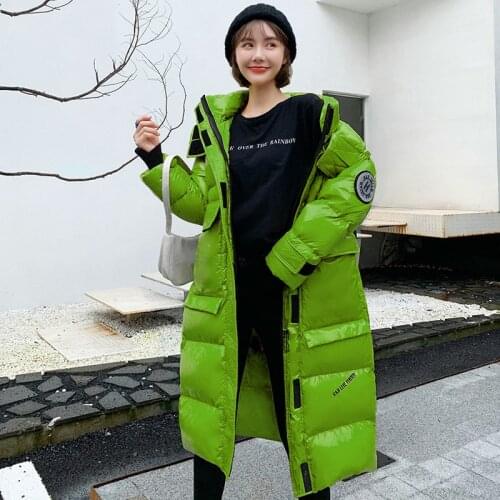 Long Epaulet Letter Green Glossy Pocket Street Style Thick With Loose Hooded Jacket 2020 Winter Warm Women Parka Coat