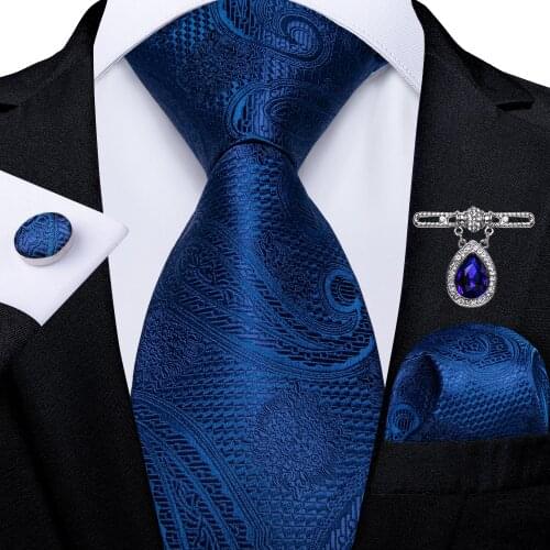 8cm Wide Blue Paisley Ties For Men Wedding Accessories Mens Neck Tie Pocket Square Cufflinks DiBanGu