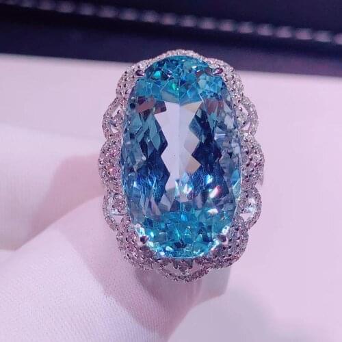 H701 Aquamarine Ring Fine Jewelry Pure 18 K Gold Natural Blue Aquamarine Gemstones 19.5ct Fine Rings