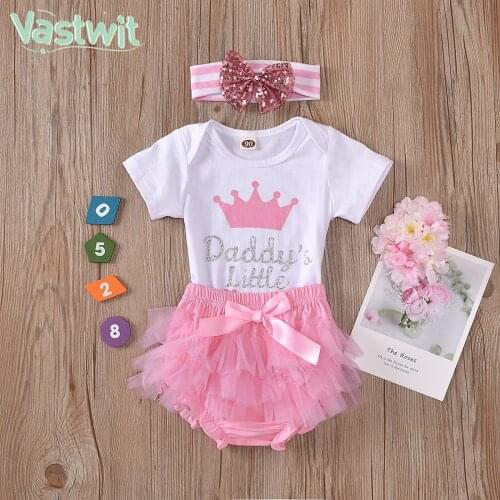 0-12M Baby Summer Clothing Newborn Baby Girl Daddys Princess Romper Bodysuit Mesh Tutu Shorts Headband Princess 3pcs Outfit Set