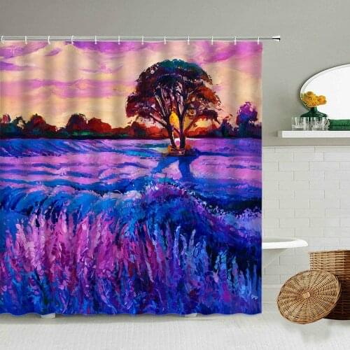 Oil Painting Landscape Shower Curtain Purple Lavender Flowers Summer Countryside Scenery Bathroom With Hook Waterproof Screen