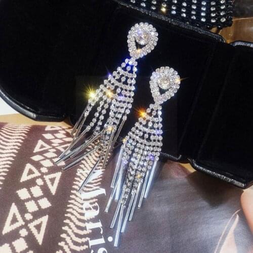 Fashion Long Tassel Earrings Full Rhinestone Drop Earrings Statement For Women Shiny Big Earrings Dangle Jewel Chain Exagge V6V1