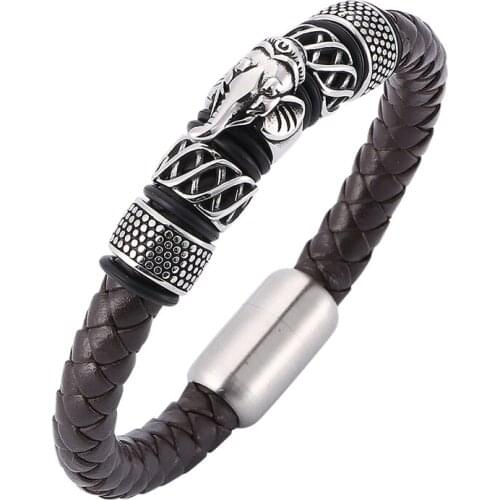 Fashion Brown Braided Leather Elephant Bracelet Men Trendy Jewelry Stainless Steel Magnetic Clasp Punk Bracelets Bangles SP0146