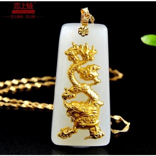 Real handcarved white jade pendant inlaid 999 gold dragon phoenix pendants jadeite jade jewelry jade necklace women for lovers
