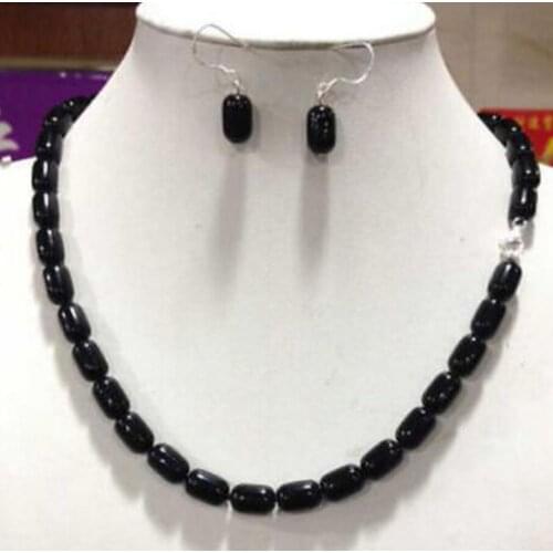 New fashion 8X12MM columnar black agate necklace 18 "+ earrings