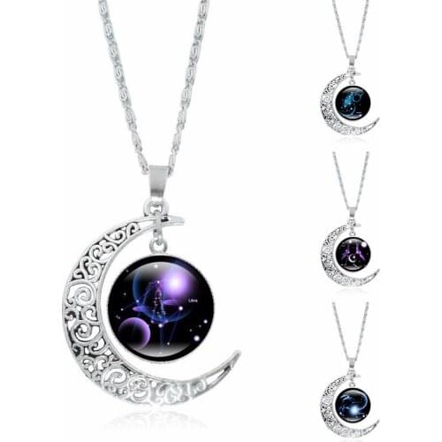 12 Constellation Necklace Glass Cabochon Double Galaxy Constellation Horoscope Astrology Necklace For Women Men Jewelry