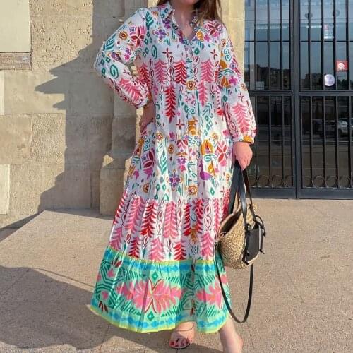XEASY Summer Women Beach Style Patchwork Floral Print Lapel Midi Dress Female Chic Wrist Sleeve Casual Thin Slim Dresses