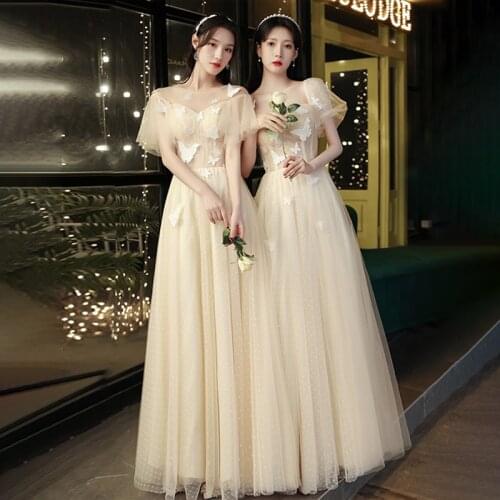 Bridesmaids Dresses Vintage O-Neck Embroidery Luxury Champagne Pleat Short Lace Tulle Floor-Length Women Wedding Party Gown E343