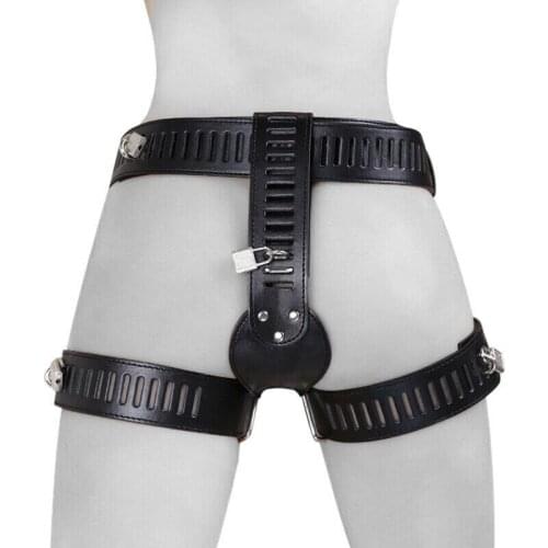 Adult Women Locking Chastity Belt Device Body Harness Restraint Underwear With Leather Thigh Cuffs Bondage Gear Sex Products