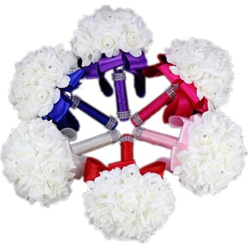 Romantic Wedding Bouquet Bride Bridesmaid Wedding Decoration Foam Flowers Rose Bridal Bouquet White Satin Holding Flowers