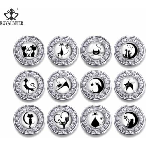 ROYALBEIER HOT 12pcs/lot Round 18MM Rhinestone Black Cat Buttons Women DIY Invitation Card Dexoration Shiny Buckle KZ1005