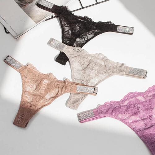 Rhinestone Lace Thongs Women Panties Love Letter Transparent T Pants Low-waisted Seamless Underwear Sexy Hollow out Lingerie