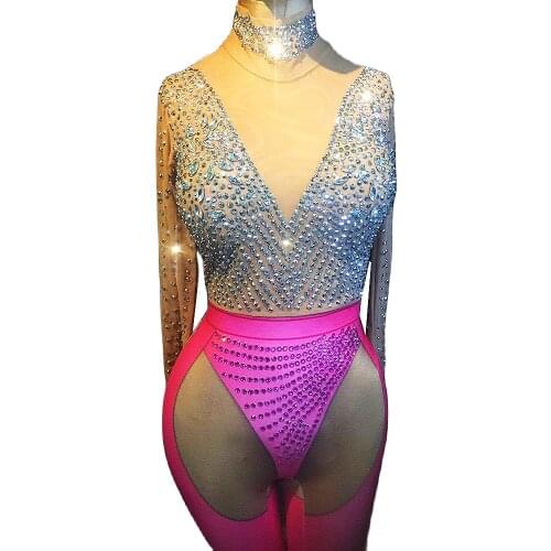 Sparkling Rhinestones Backless Tights Jumpsuit Personality Pattern Printing Rompers Party Evening Costume Women Dance Wear