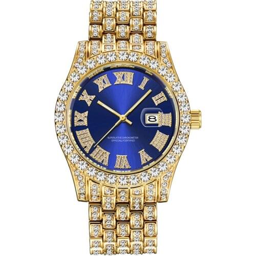 Unique Cool Hip Hop Luxury Brand Watches Men Fashion Alloy Band Full Diamond Gold Date Quartz Vintage Watch Relogio Masculino
