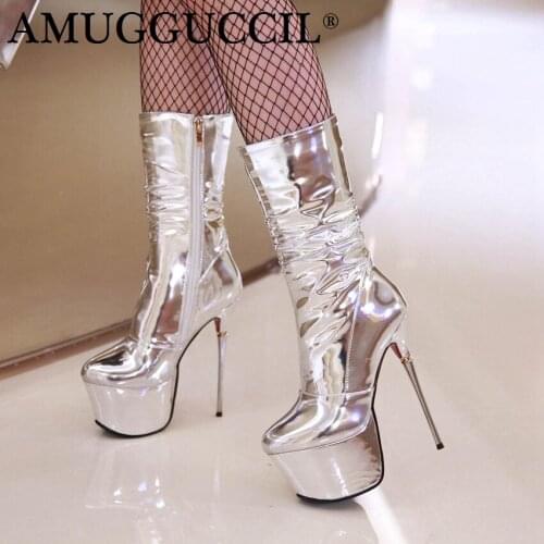 2020 New Plus Big Size 32-43 Silver Zip Fashion Sexy 16CM High Heel Platform Females Lady Calf Autumn Winter Women Boots X1787