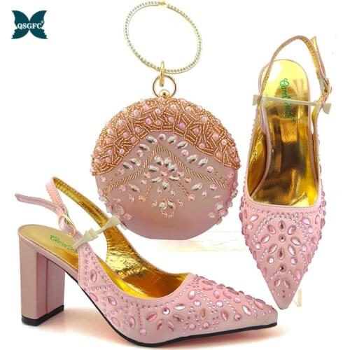 High Quality 2020 Lastest Shoes and Bag Set for Party Italian design Women Wedding Matching Shoes and Bag to Match in Pink Color