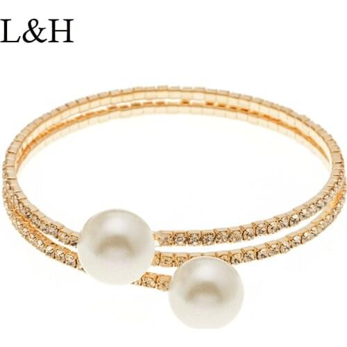 L&H Multi-layer Crystal Open Bangle Vintage Elegant Simulated Pearl Elastic Bracelet For Women 2018 New Female Fashion Jewelry