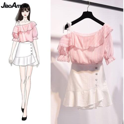 Korean Sweet Chiffon 2 Piece Clothing Set Women Summer 2021 New Off-Shoulder Ruffles Shirts Mini Skirts Sets Short Sleeve Female