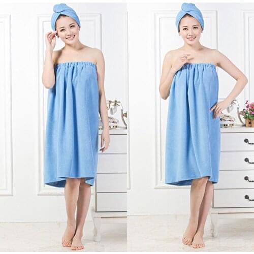 Women Solid Color Absorbing Bath Towel With Fast Dry Hair Hat Set Fashion Velcro Paste Chest Wrap Skirt Spa Beach Shower Towel