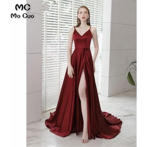 2020 Burgundy Evening Dresses Long Spaghetti Straps Front Slit Hard Satin A-Line Formal Evening Party Dresses