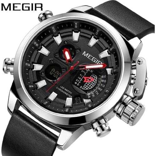 MEGIR Analog Digital Watches Men Luxury Brand Leather Sports Mens Watches Date LED Luminous Waterproof Man Quartz Watch 2090G