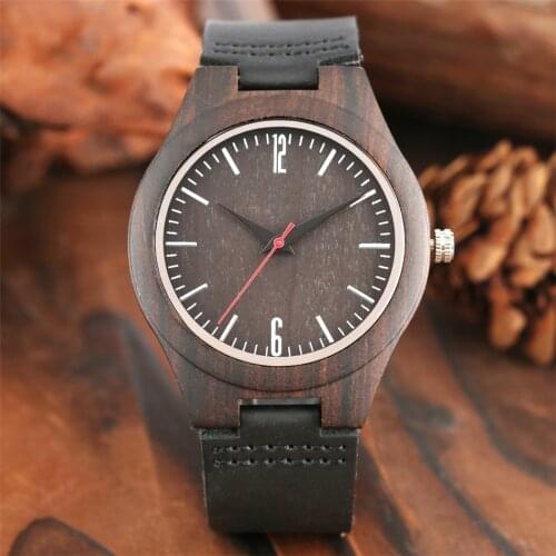 Ebony Wood Men Watch Quartz Wristwatch Black Genuine Leather Wristband Male Ebony Wooden Timepiece Red Seconds Display Man Clock