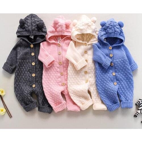 Spring Autumn Baby Knitted One-Piece Garment Open Button Knitted Solid Color Romper Newborn Boys Jumpsuits Toddler Girls Clothes