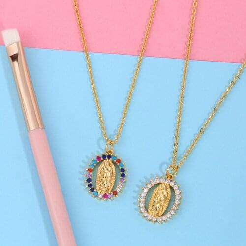 Creative Personality Virgin Mary Geometric Pendant Necklace Micro Pave Colorful Zircon Religious Necklace Jewelry