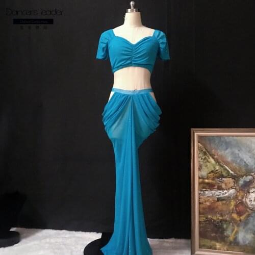 Belly dance practice clothes sexy mesh gauze revealing belly show crotch flashing suit female adult elegant performance costume