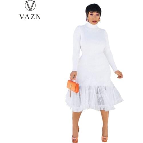VAZN 2021 Autumn Plus Size White High Quality Sexy Full Sleeve Office Lady Free Midi Dress Women Dress Slim Dress Shinny Dress