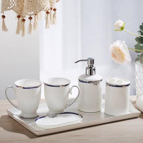 Bathroom Accessories Set Ceramic Soap Dispensers Toothbrush Holder Gargle Cups Soap Dish With Tray Set Marry Birthday Present