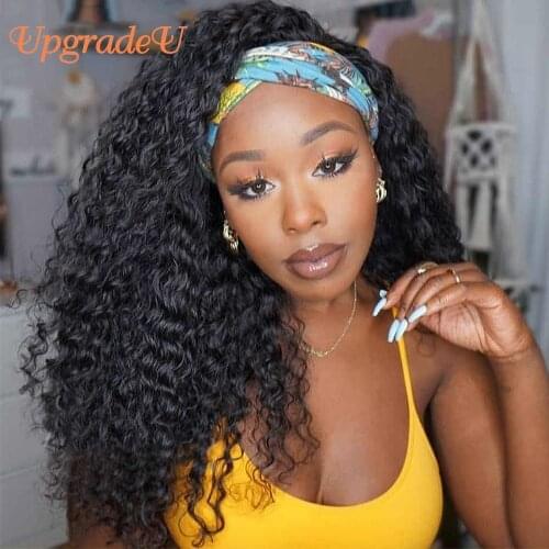 UpgradeU Curly Human Hair Wigs Headband Wig 100% Brazilian Scarf Wig No Gel Glueless Remy Kinky Curly Hair Wig For Black Women