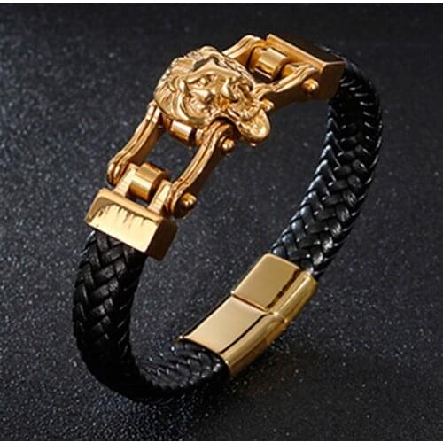 Hip Hop Lion Head Mens Bracelets & Bangles Braided Genuine Leather Bracelet Gold Color Stainless Steel Biker Chain Male Jewelry