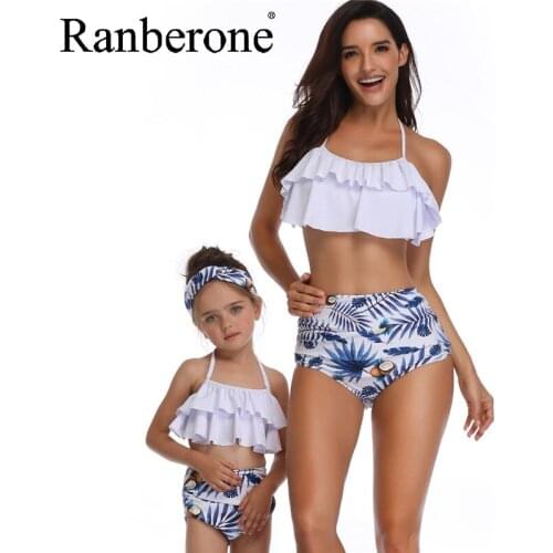 Renberone 2020 High Waist Two Piece Flounce Parent-child Swimwear Push Up Swimsuit Clothes Childrens Bikini Women Bathing Suits