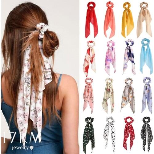 Fashion Floral Print Scrunchies Solid Long Hair Ribbon For Women Ponytail Scarf Sweet Elastic Hair Band Hair Accessories