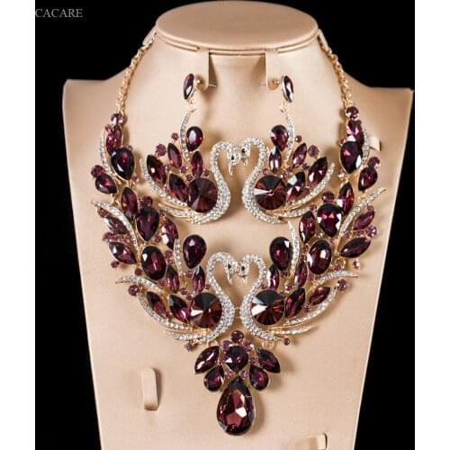 Luxury Dubai Gold Jewelry Sets Women Big Necklace Earring Set Indian Jewellery F0542 Rhinestone Party Jewels 6 Colors CACARE