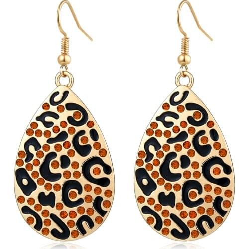 Hip Hop Gold Alloy Leopard Print Waterdrop Earrings Statement Punk Brown Rhinestone Costume Black Enamel Cocktail Party Jewelry