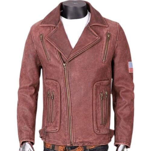 Special offer! First Layer Cowhide Mens Genuine Leather Jacket Youth Lapel Slim-Fit Motorcycle Leather Jacket Coat