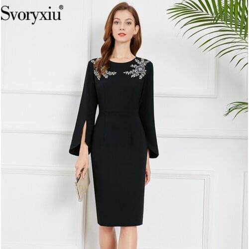 Svoryxiu Autumn Fashion Woman Sky Blue Black Elegant Knee-Length Pencil Dress O-Neck Sequins Crystal Diamond Party Solid Dresses
