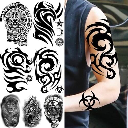 Tribal Totem Temporary Tattoos For Men Adults Realistic Maori Lion Tiger Star Moon Fake Tattoo Sticker Arm Leg Tatoos Maori