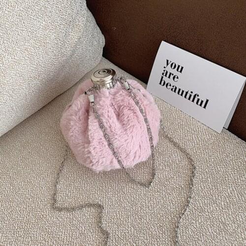 Winter Elegant Cute Chain Plush Mini Shoulder Bags for Women Fashion Round Ball Handbag Designer Small Cosmetics Crossbody Bag