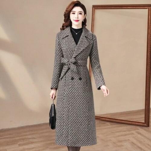 Women Wool Blends Coat Autumn 2021 New Fashion Elegant Plaid Woolen Tops Overcoat Lacing Sashes Slim Waist Long Outerwear Female
