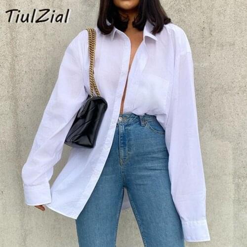 TiulZial Long White Shirt Women Button Turn Down Pocket Oversize Shirt Blouse Women Casual Autumn Loose Tops And Blouse One Size