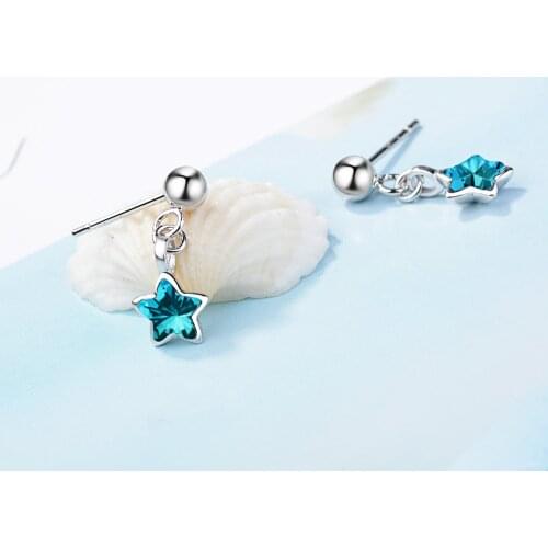 Blue Crystal Star Small 925 Sterling Silver Stud Earrings For Women Girl Korean Style 2020 Fashion Flower Jewelry Accesories