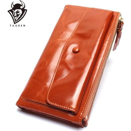 Can Hold Two Mobile Phones Women Retro Genuine Leather Long Wallet Oil Wax Multi-Card Holder Clutches Bag