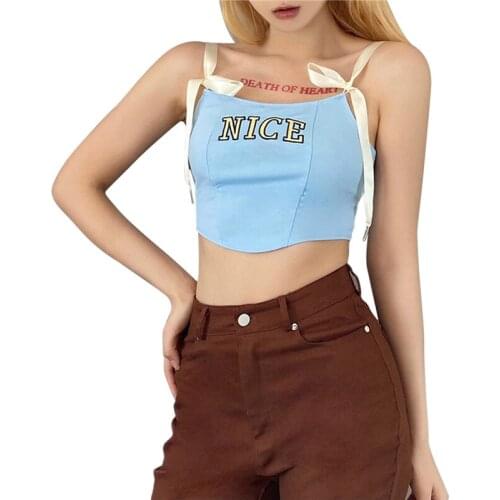 2021 Fashion Trend Womens Crop Tops Sleeveless Lace Up Shoulder Strap Lettering Printed Vest Irregular Hem Camisole for Summer